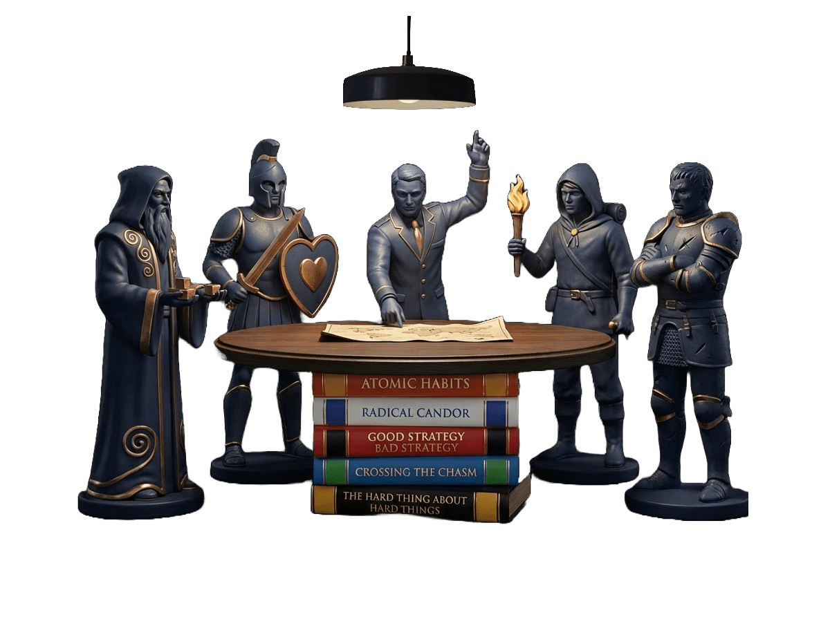 Council of advisors around a book-stack table